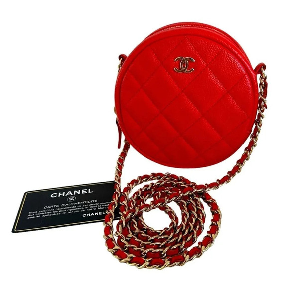 Chanel Round Clutch Mini Bag Chain Quilted Red Caviar Silver Hardware 26 series - Picture 1 of 13